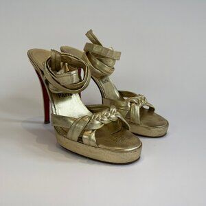 Louboutin Gold Leather Braided & Lace Up Sandals, EU 40